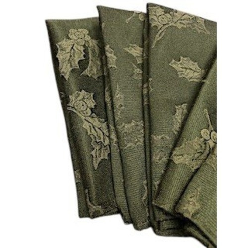 Holiday Jacquard Cloth Napkins Set of 5 Green Holly Leaves Christmas Linens